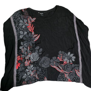 Desigual Black Floral Embroidered Knit Top Coral Red Accent Boho Artistic Size